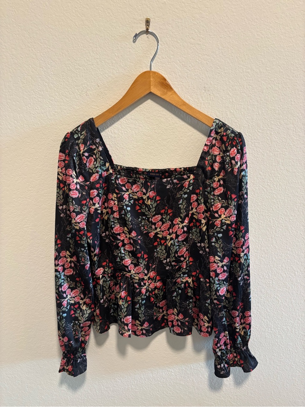 Anthropologie Black Floral Square-Neck Peplum Long-sleeve Top